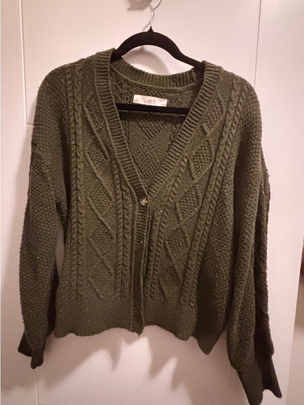 LOFT Olive Green Cable Knit Button-Front Cardigan